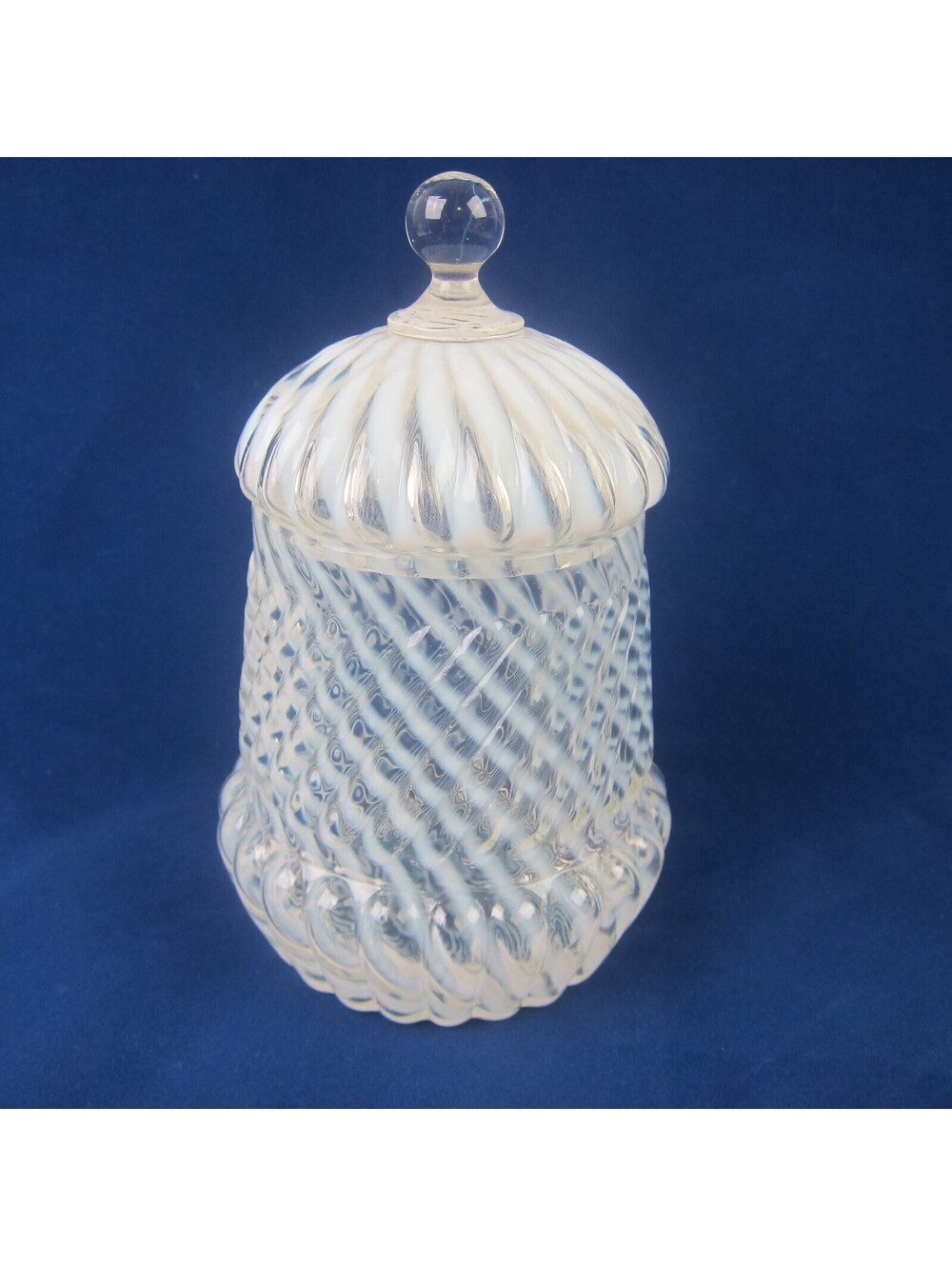 Antique Northwood Chrysanthemum Swirl Opalescent White Glass Jar with Lid RARE
